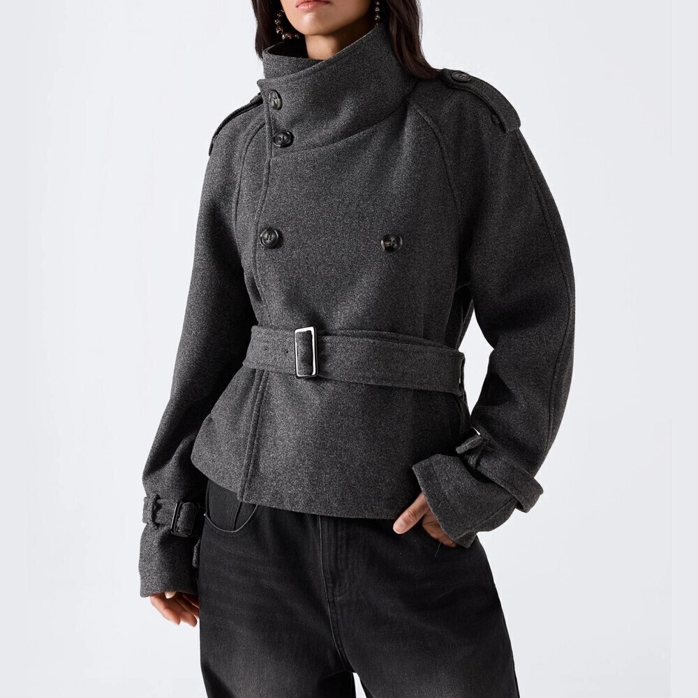Charcoal Gray Belted Double Breasted Cropped Brushed Twill Coat